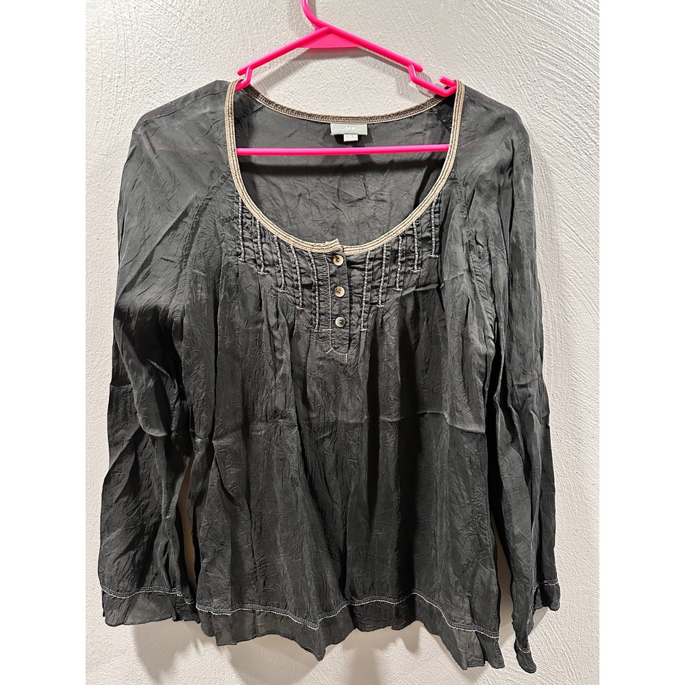 J. Jill Black Crinkle Rayon Blouse Long Sleeve Pleated Button Front Top Womens M